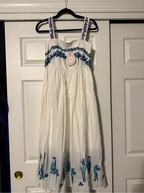 Umgee White Maxi Dress with Blue Floral Embroidery